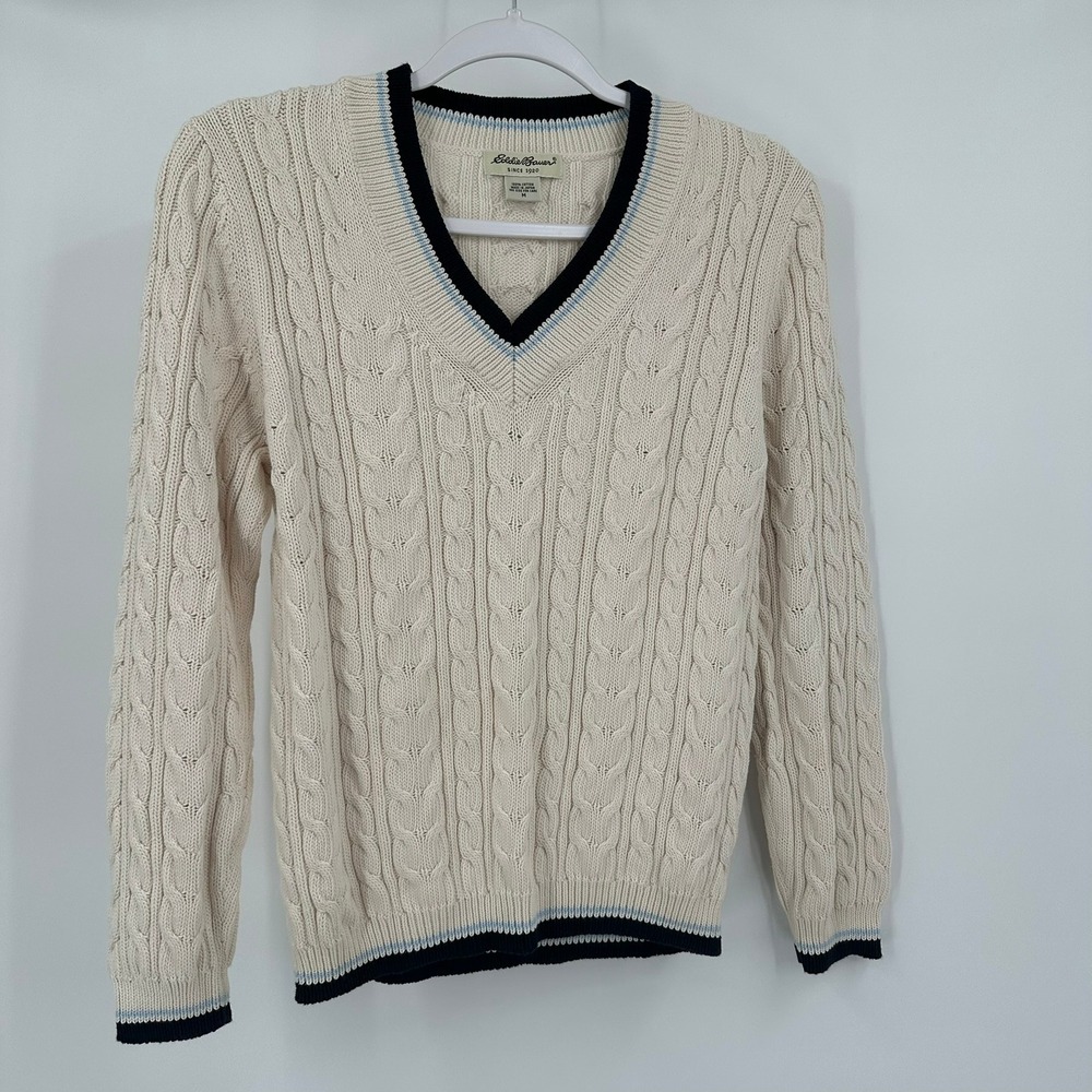 Eddie Bauer Mens Old Money Sweater Sz M Vintage Cable Knit Tennis Preppy Coastal
